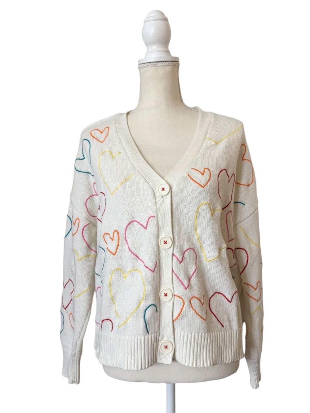 Kerri Rosenthal XOKR Rainbow Heart Embroidered Cardigan Sweater
